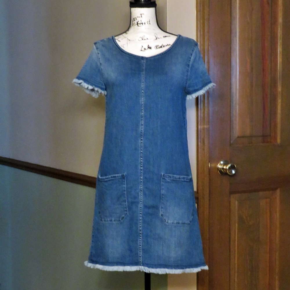 Max Jeans Denim Mini Dress in Blue with Patch Pockets